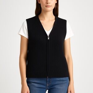 Isabella Bird elevated basics wool rib knit layering zip vest M black